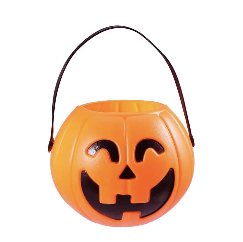 Orange pumpkin-shaped plastic bucket with a smiling jack-o'-lantern face and a black handle, perfect for Halloween trick-or-treating or inspiring easy pumpkin crafts.